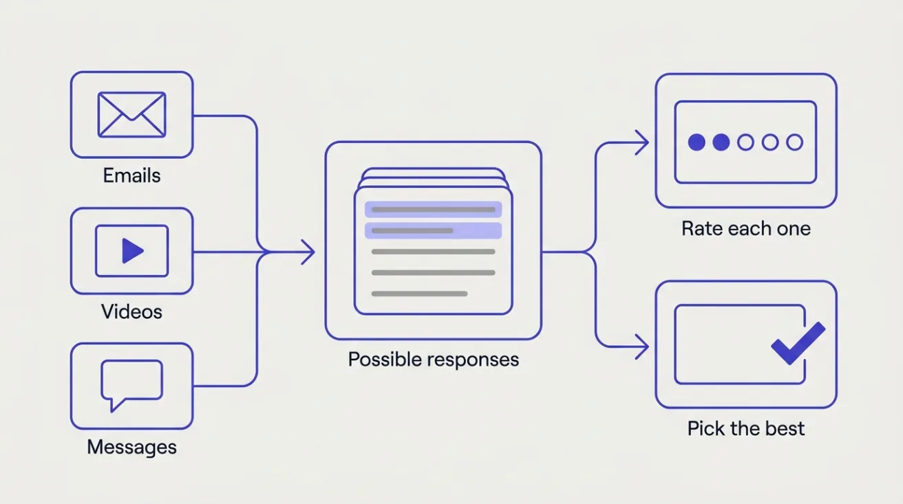 Diagram: emails, videos and messages lead to a set of possible responses, which you either rate each one or pick the best.