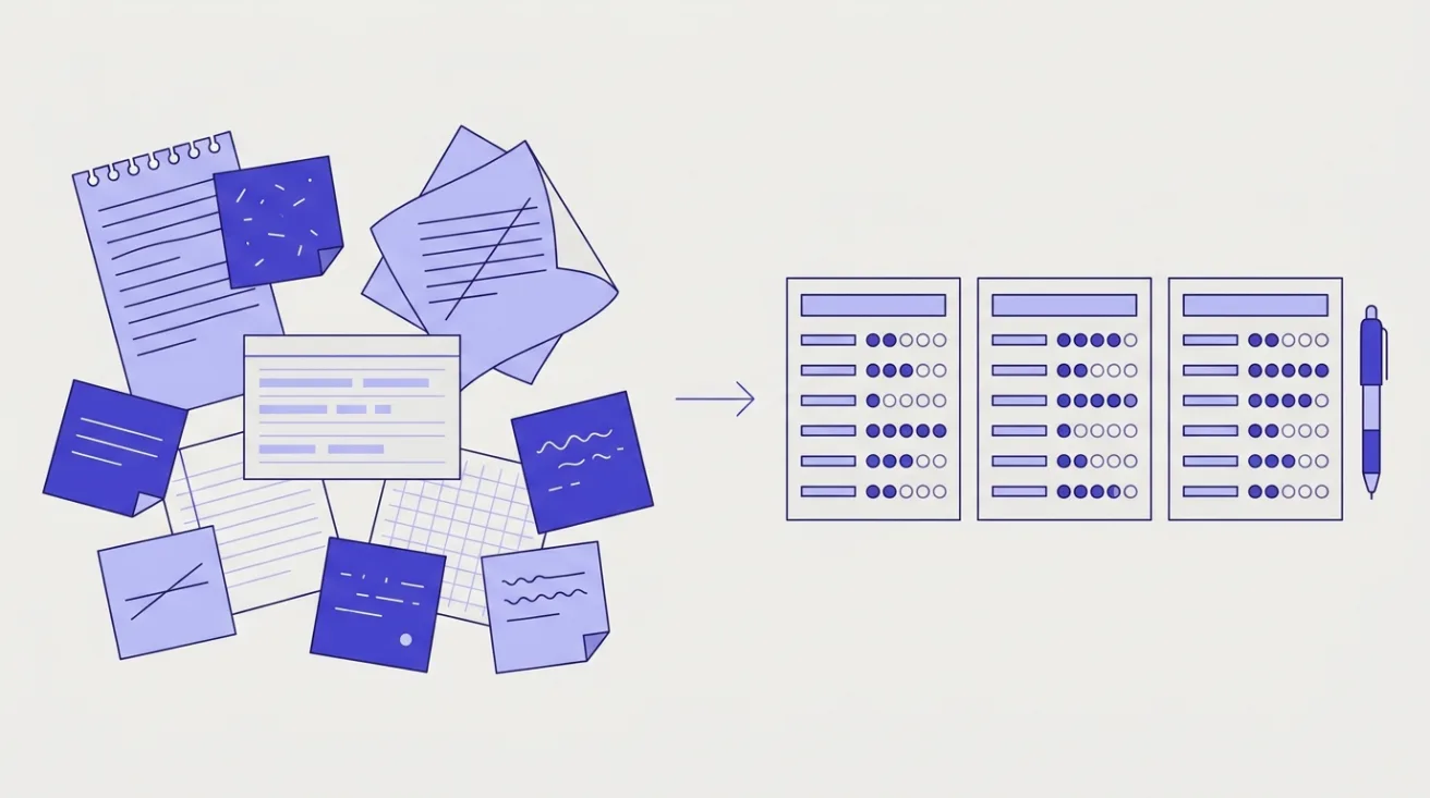 Illustration: a pile of scattered, mismatched interview notes turned into three matching structured scorecards