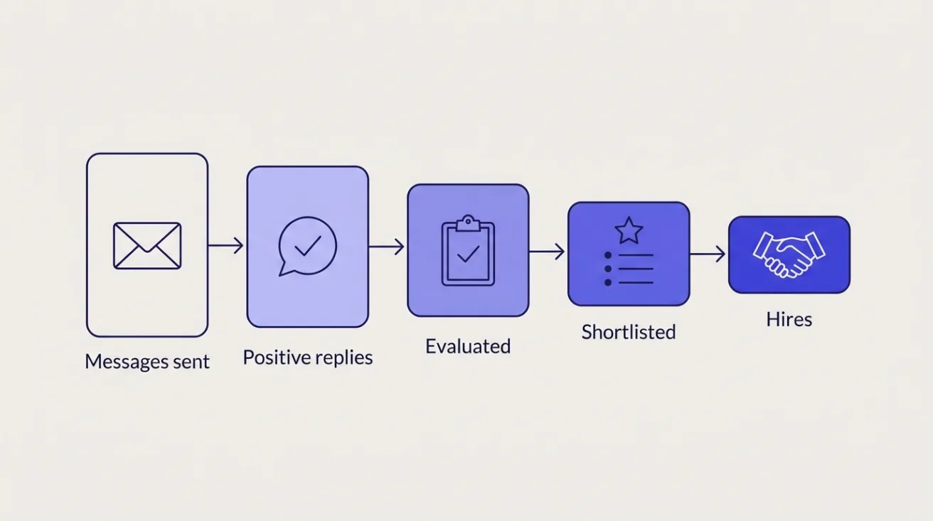 Diagram: a recruiting funnel narrowing from messages sent to positive replies, evaluated, shortlisted and hires