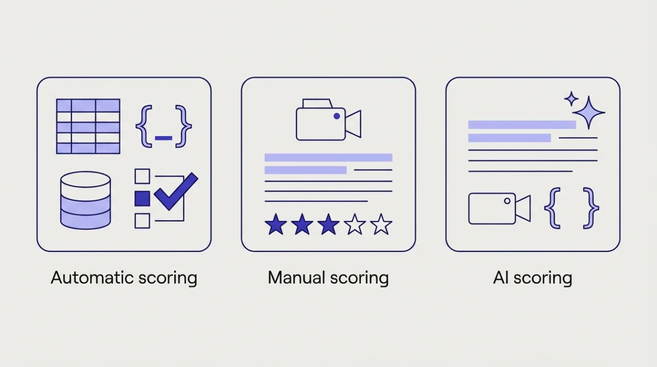 Three panels: automatic scoring for spreadsheet, code, SQL and multiple choice; manual star ratings; AI scoring for text, video, code