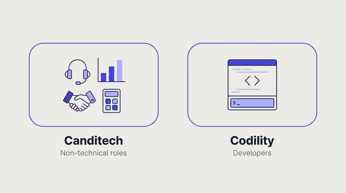 Two side-by-side boxes: Canditech with business-role icons for non-technical roles, Codility with a code editor for developers