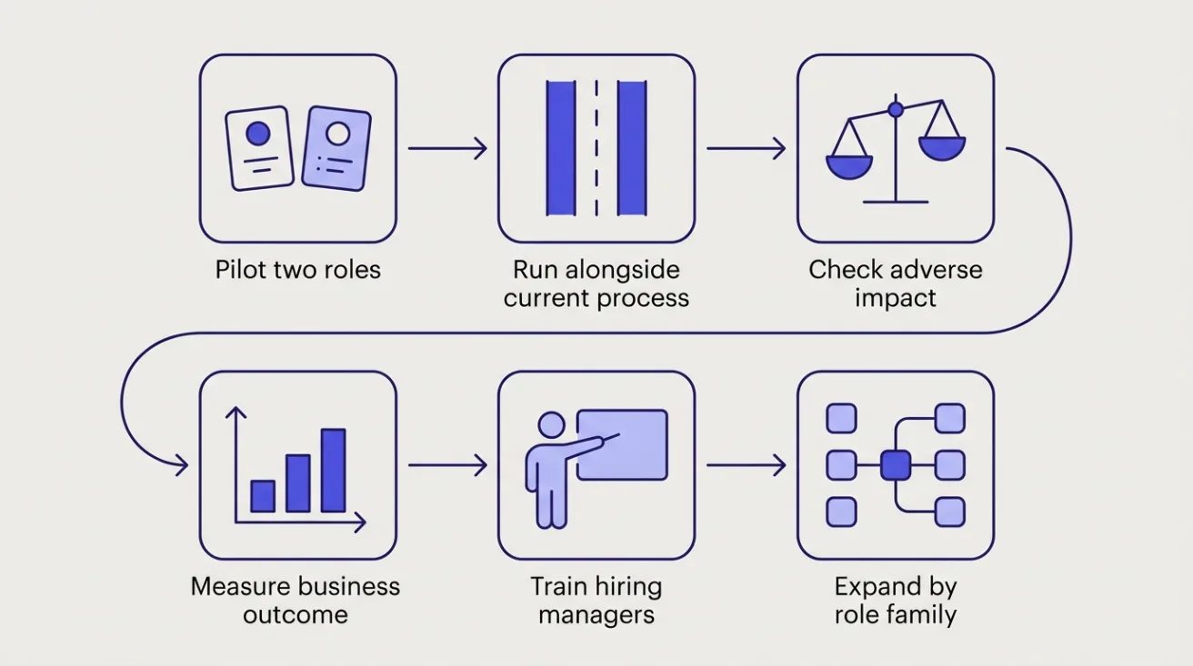 Six-step rollout diagram: pilot two roles, run alongside current process, check adverse impact, measure, train, expand