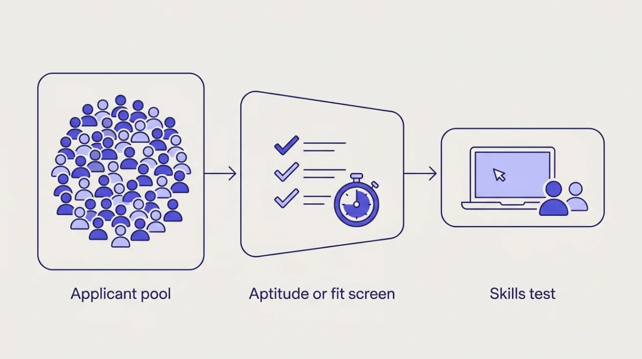 Diagram: a large applicant pool flows into a short aptitude or fit screen, then a skills test for those who pass