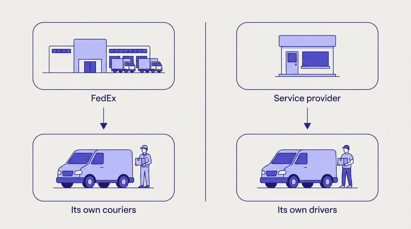 Diagram: FedEx employs its own couriers, while independent service providers hire their own delivery drivers.