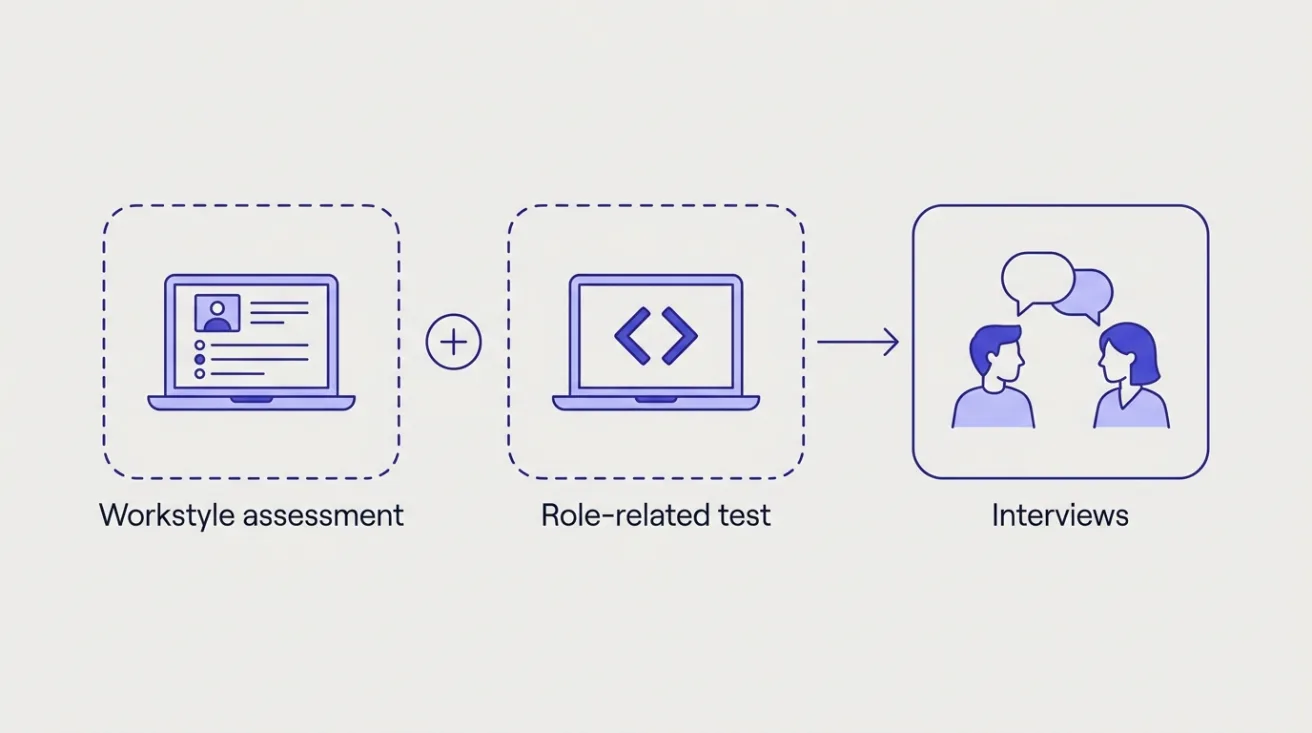Diagram: an optional workstyle assessment plus a role-related test, both leading to interviews