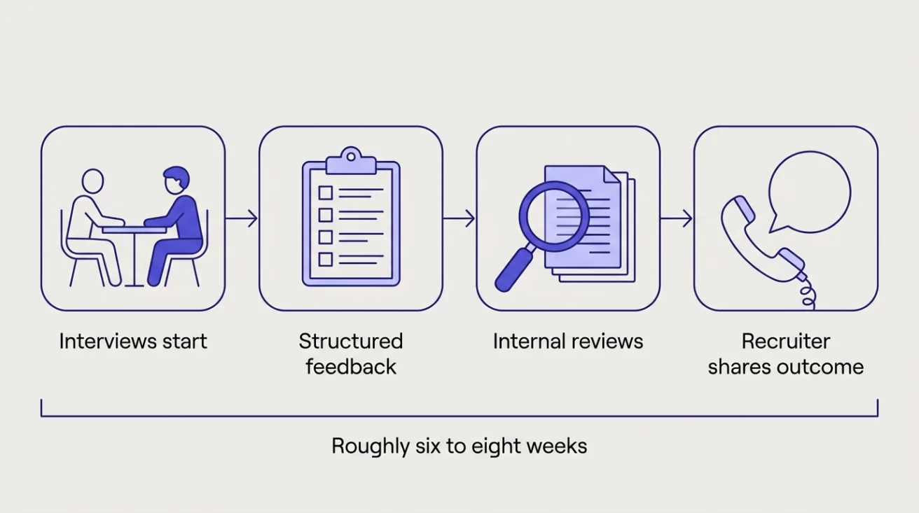 Timeline: interviews start, structured feedback, internal reviews, recruiter shares outcome, spanning roughly six to eight weeks