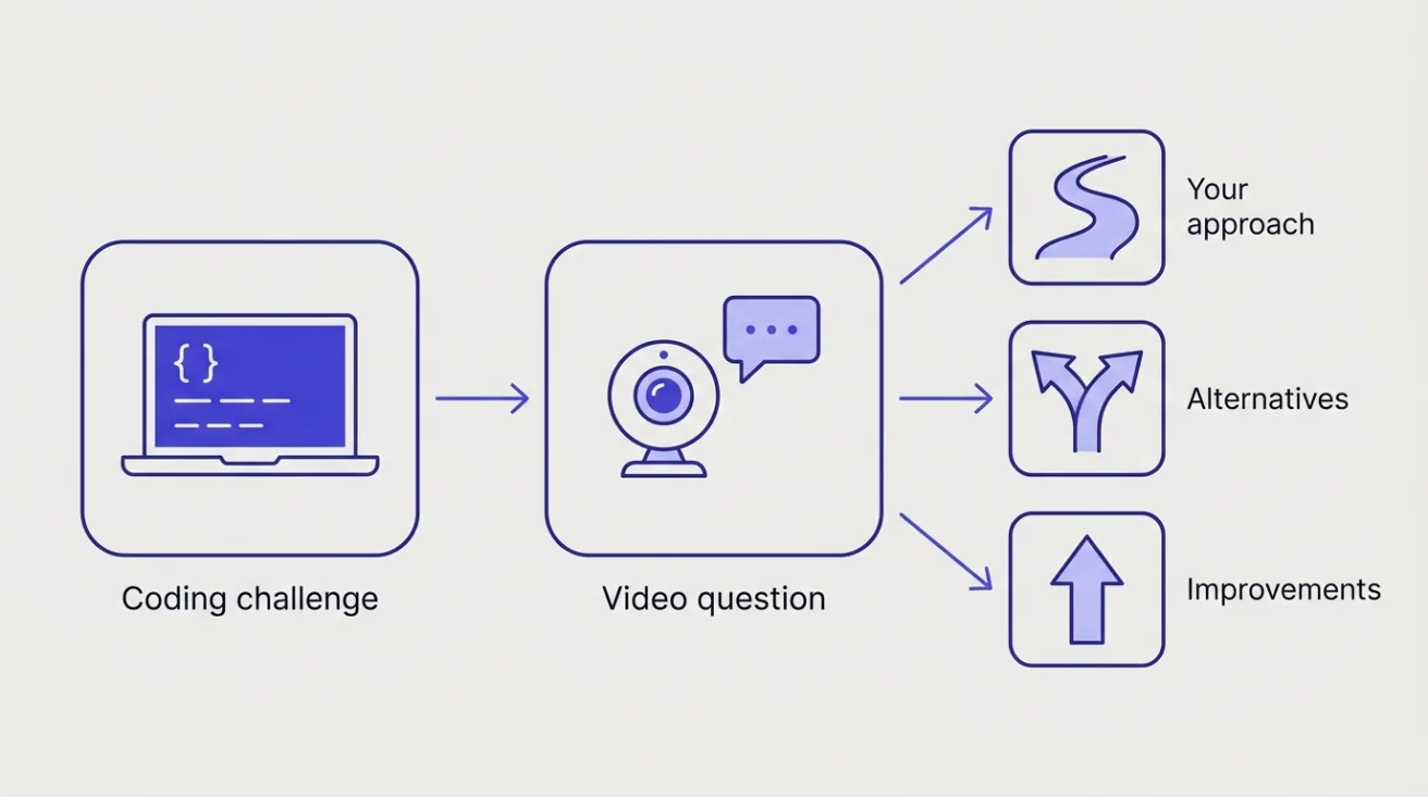 Diagram: a coding challenge leads to a video question asking about your approach, alternatives and improvements