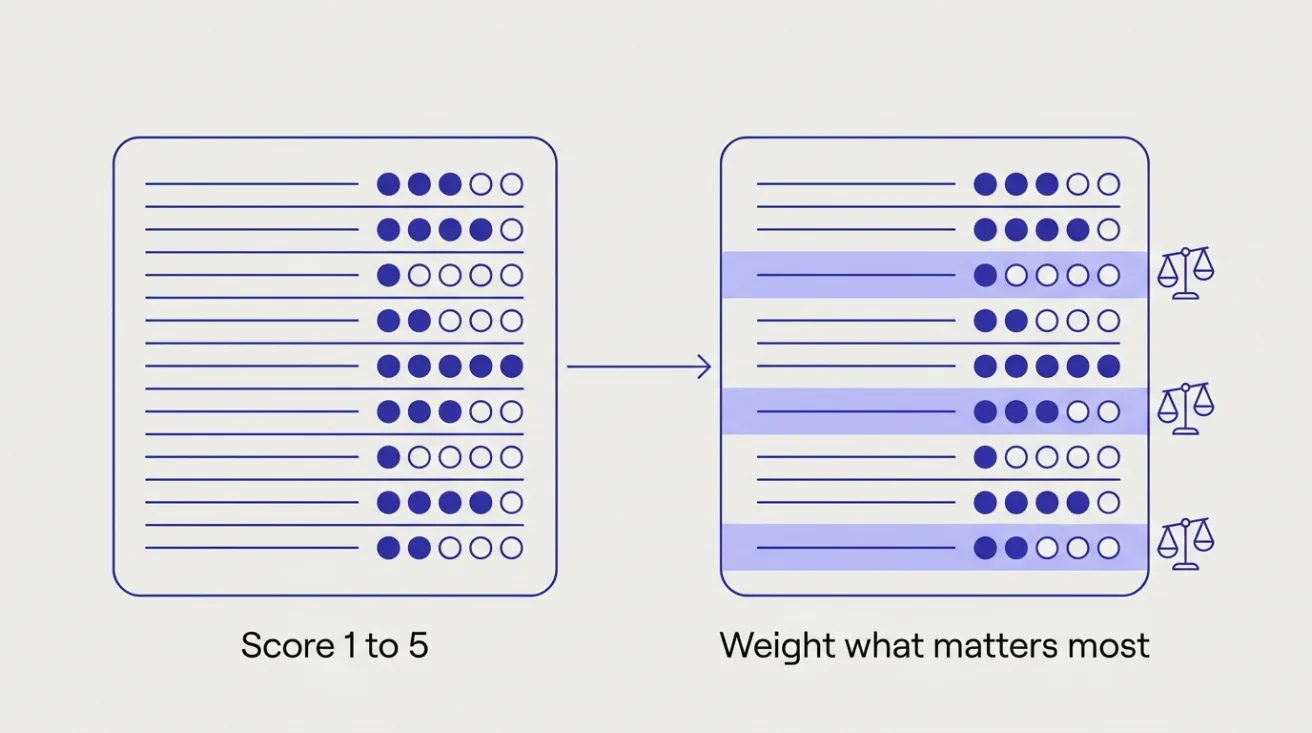 Diagram: a nine-row scorecard rated 1 to 5 with dots, then the same card with three key rows highlighted and weighted