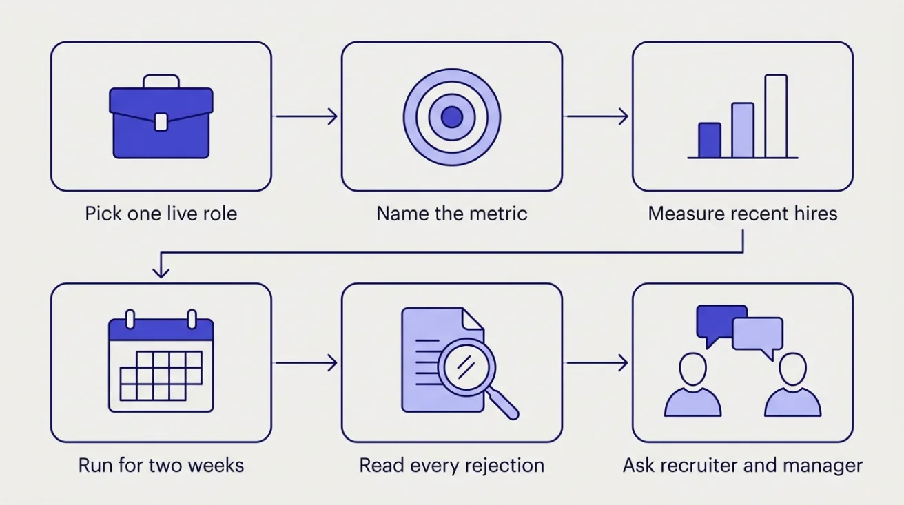 Six-step pilot flow: pick a live role, name the metric, measure recent hires, run two weeks, read rejections, ask the team
