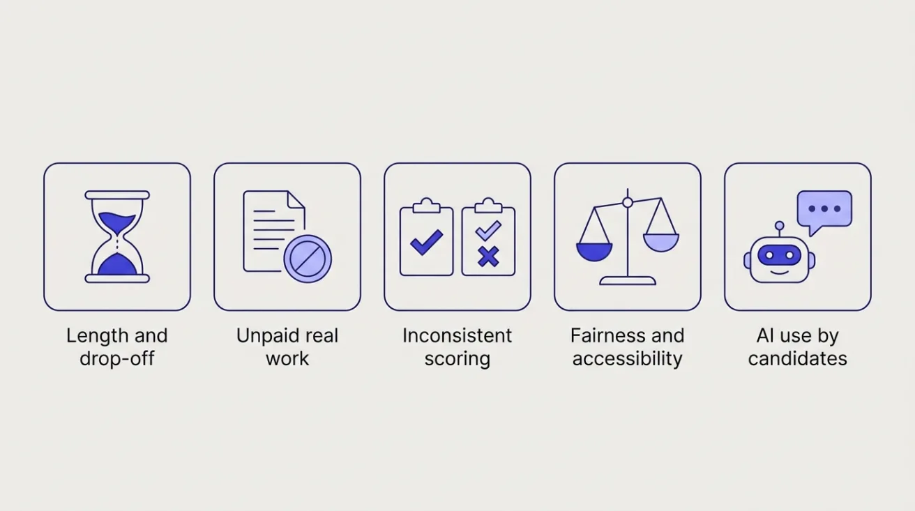 Five icon tiles for job simulation pitfalls: length, unpaid real work, inconsistent scoring, fairness, AI use by candidates