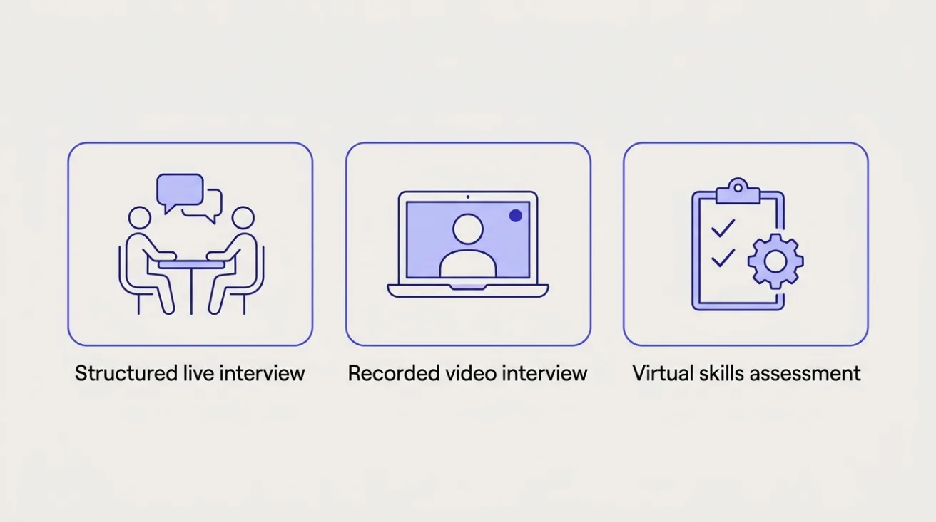 Three boxed icons for JPMorgan's assessment types: a structured live interview, a recorded video interview and a skills test