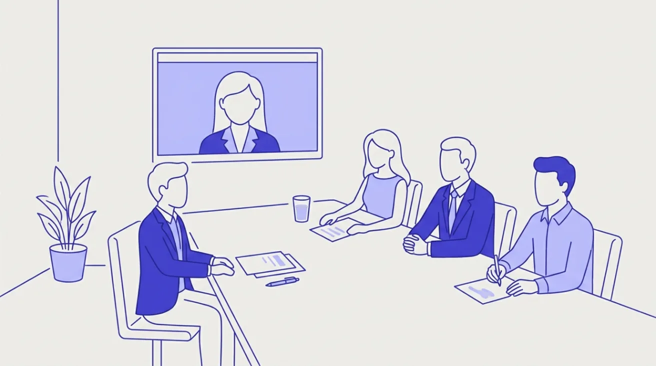 A candidate faces a panel of three interviewers at a table while another interviewer joins by video on a wall screen