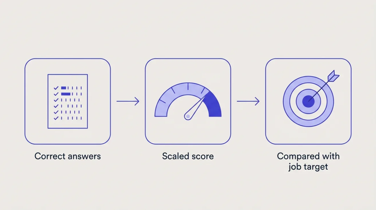 Flow diagram of PI scoring: correct answers become a scaled score, which is compared with the job's target