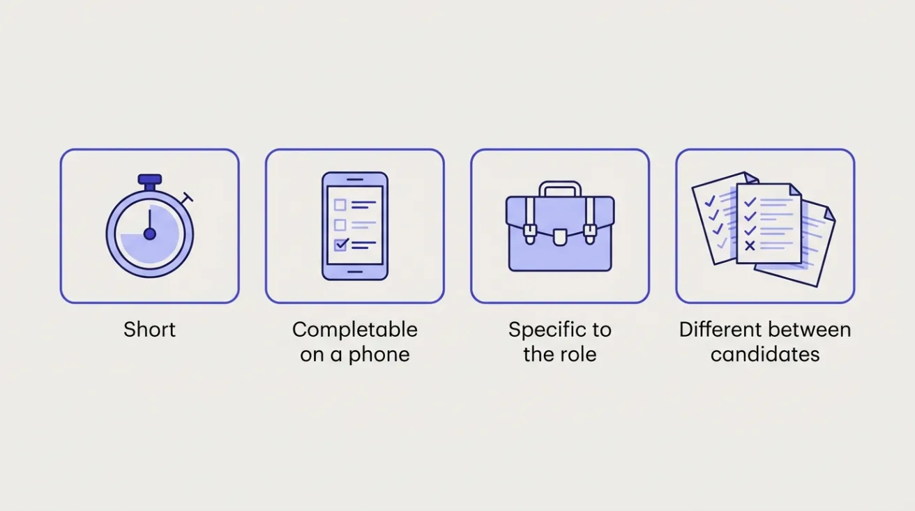 Four traits of a high-volume assessment: short, completable on a phone, specific to the role, different between candidates