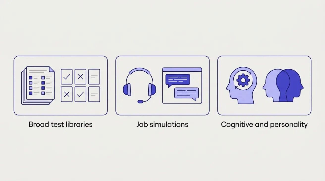 Three boxes comparing tool groups: broad test libraries, job simulations, and cognitive and personality tests