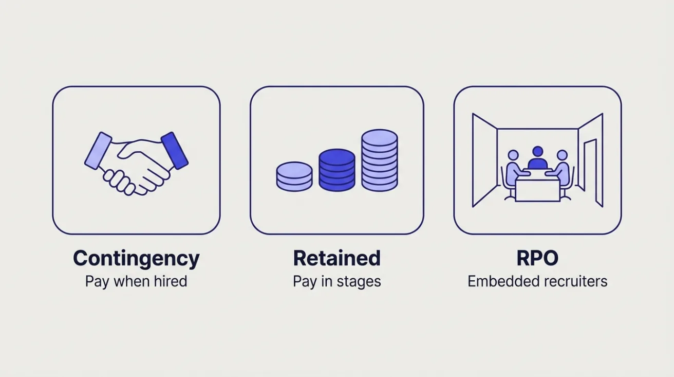 Diagram of three agency fee models: contingency (pay when hired), retained (pay in stages) and RPO (embedded recruiters)