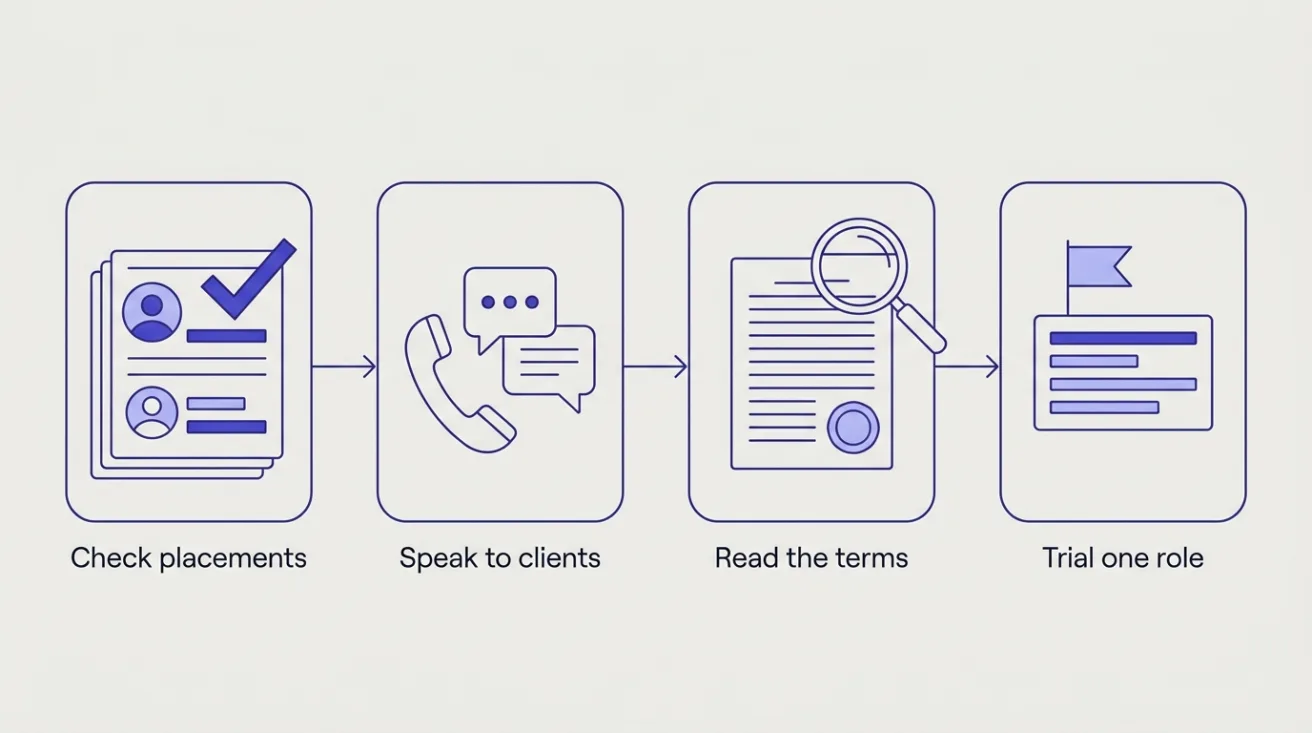 Four-step flow for vetting a recruitment agency: check placements, speak to clients, read the terms, trial one role