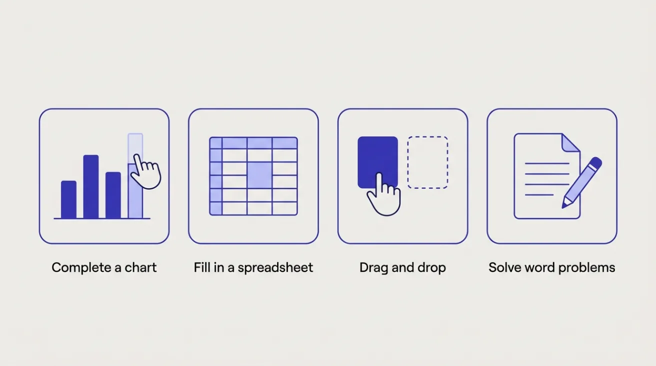 Four tiles showing interactive task types: completing a chart, filling a spreadsheet, drag and drop, and solving word problems