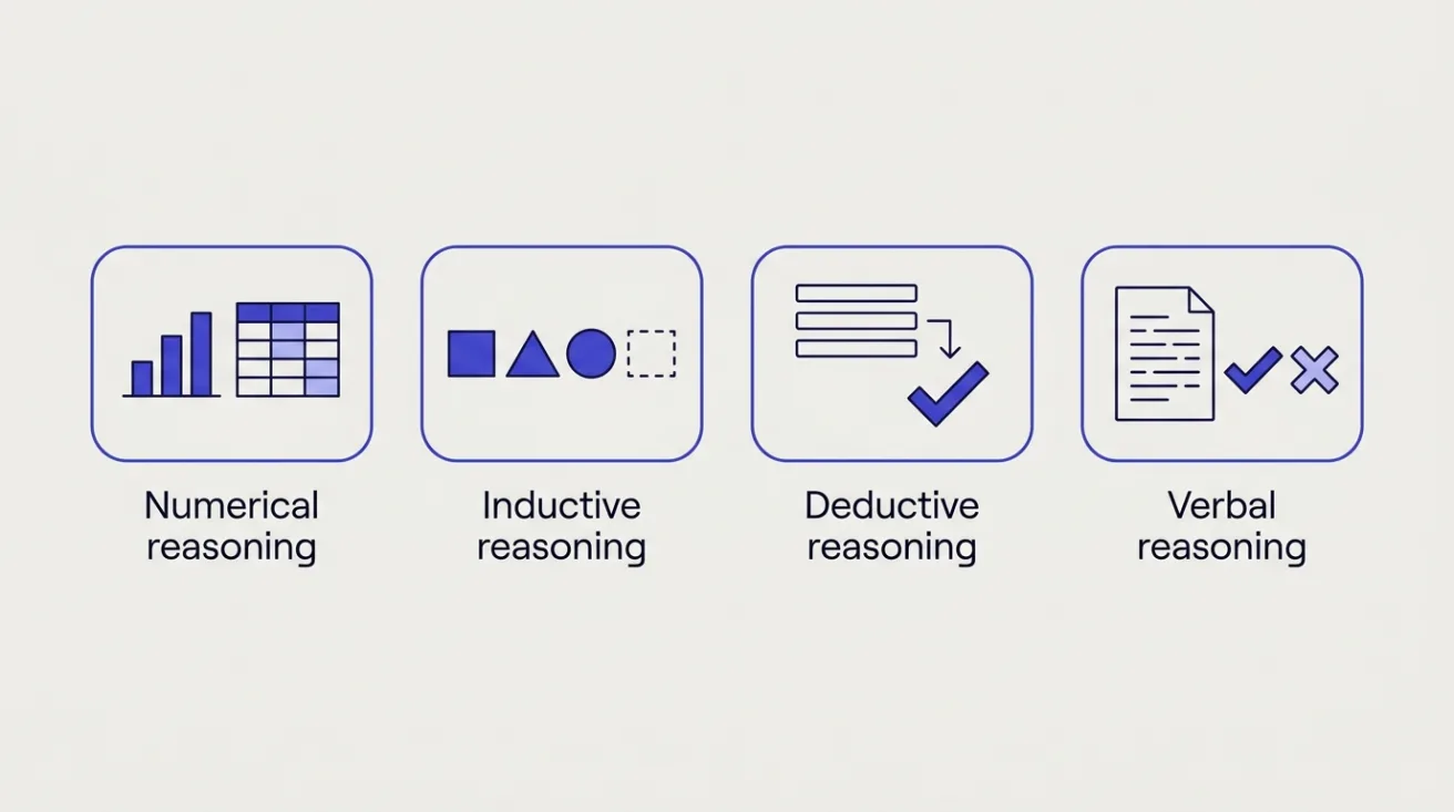 Four icons for SHL question types: numerical (charts and tables), inductive (shape series), deductive and verbal reasoning