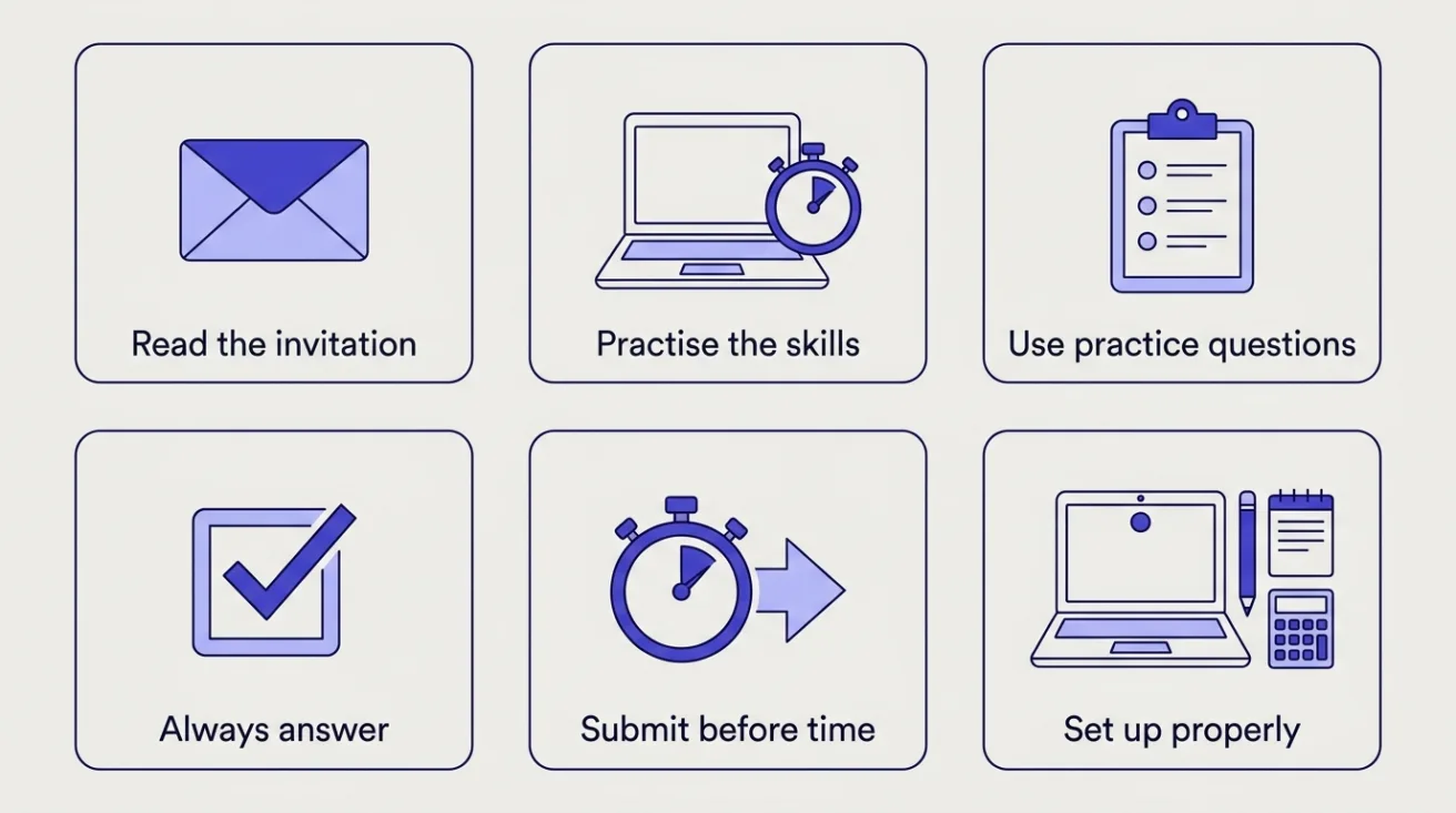 Six-box grid of prep steps: read the invitation, practise skills, use practice questions, always answer, submit early, set up