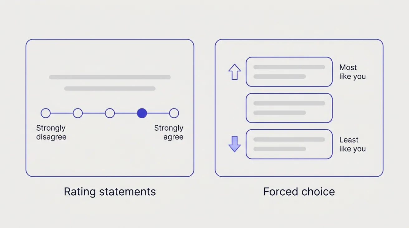 Diagram of two personality question formats: a Strongly disagree to Strongly agree rating scale, and forced choice of most and least like you