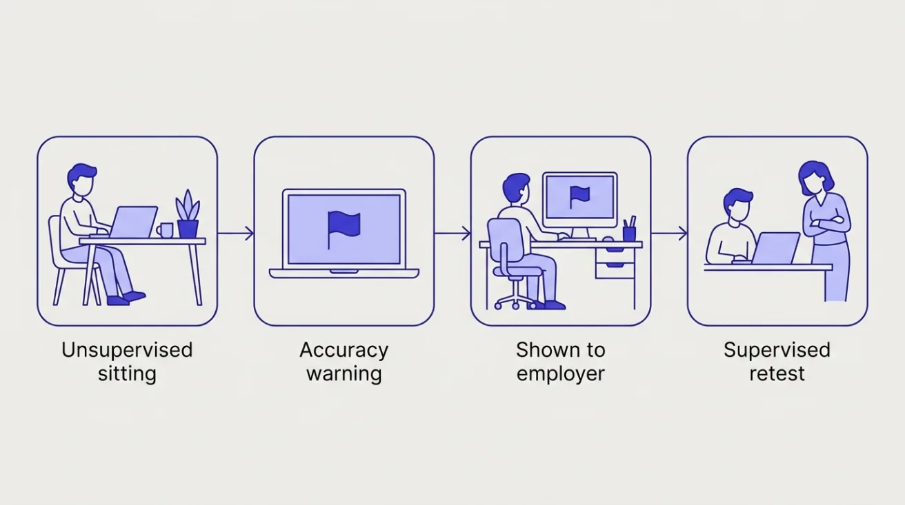 Four-step diagram: an unsupervised sitting triggers an accuracy warning, which is shown to the employer, then a supervised retest